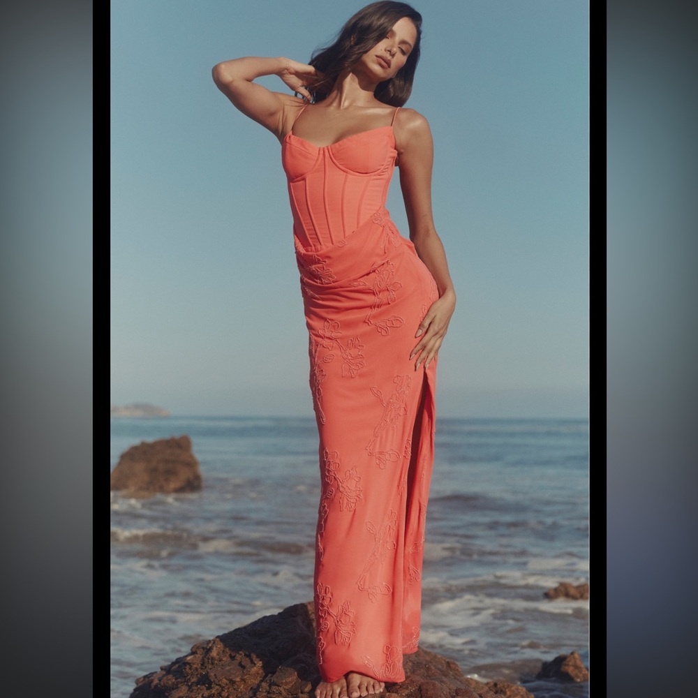 HOUSE OF CB 'Carmella' Coral Embellished Hand Beaded Dress Small $329